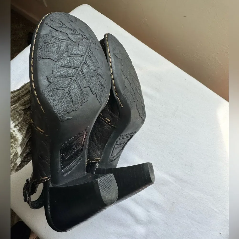 Y2K 2000s Born Black Leather Slingback Heels with Tan Contrast Stitching Size 7